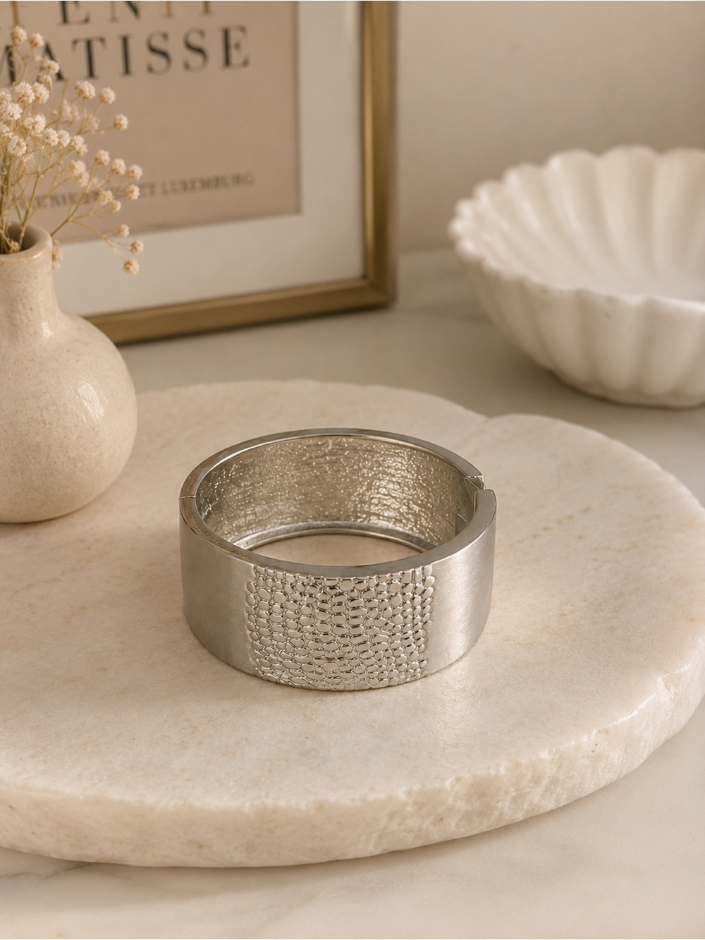 Statement Silver Textured Wide Bangle Bracelet hinge elegant designer vibes
